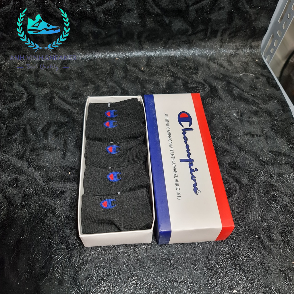 Tất champion cổ thấp nam nữ màu đen trắng thể thao