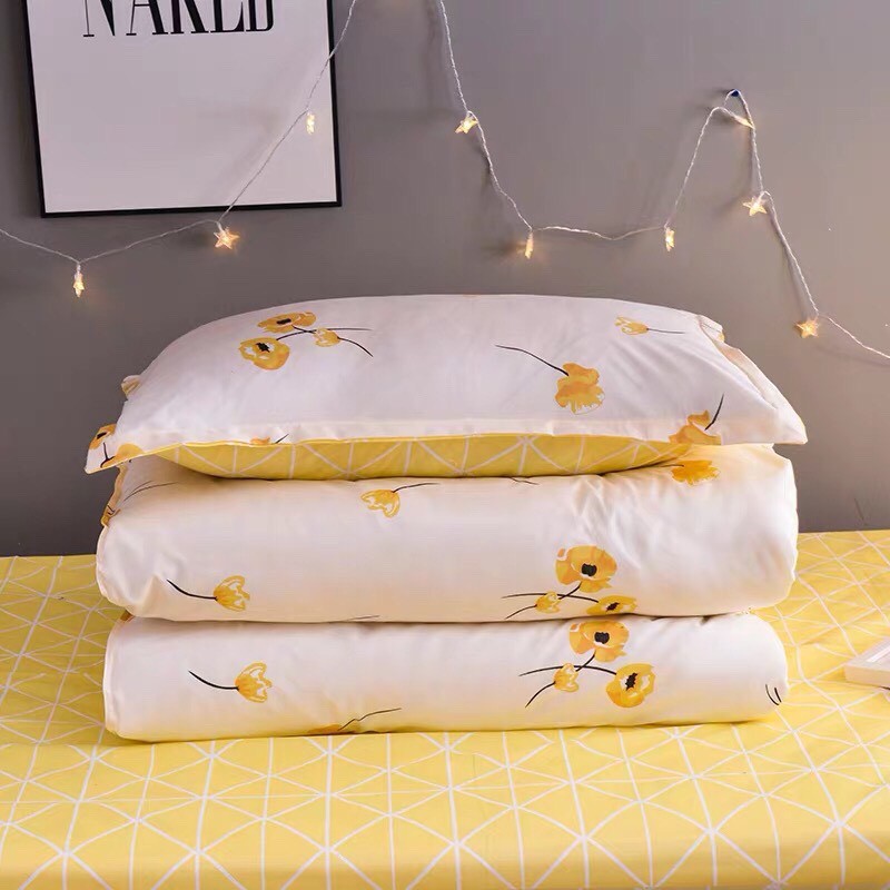 Set 4 Món Chăn Ga Gối Cotton Hoạ Tiết Hoa Vàng Ga Vàng Nhập Khẩu Sang Trọng