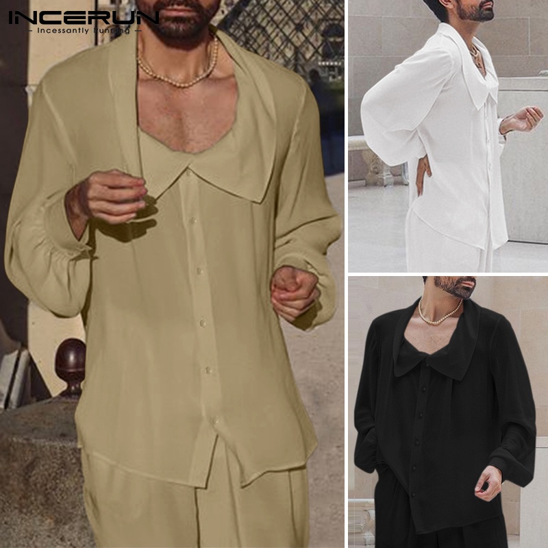 Áo kiểu INCERUN tay dài ống phồng dáng rộng phong cách vintage thời trang cho nam