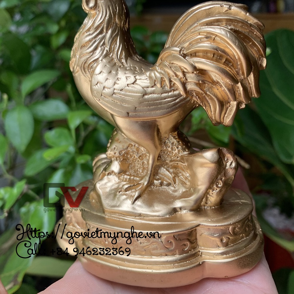 Tượng đá con gà trống trang trí phong thủy để bàn làm việc - Cao 12cm - Màu nhũ đồng