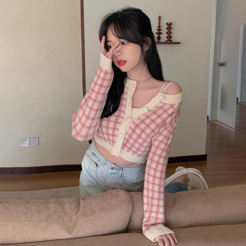 Áo khoác len cardigan tay dài cổ tròn họa tiết sọc caro phong cách Hàn Quốc cho nữ