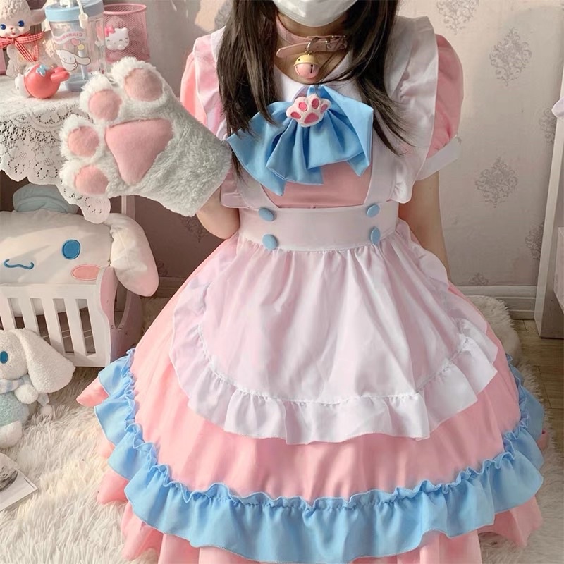 [Full size giao ngay] Maid ngắn cosplay mèo hồng cute đáng yêu dễ thương bộ 5 món