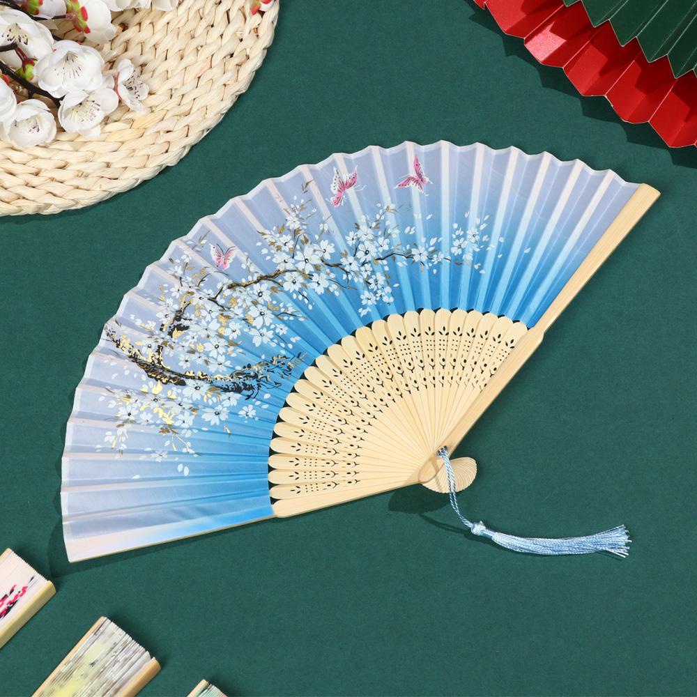 Quạt Xếp Cầm Tay Bằng Tre Họa Tiết Hoa Trang Trí Bàn Làm Việc