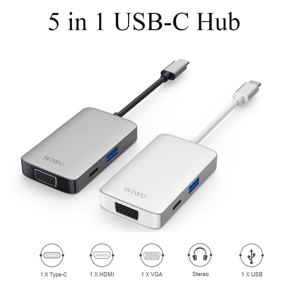 Bộ Hub chuyển đổi đa năng Type C WIWU A513HVP 5 in 1 4K HDMI+ 3.5mm Jack+ PD + USB 3.0+ VGA cho laptop
