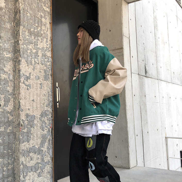 Áo Khoác Bóng Chày Phối Da Dáng Rộng Thêu Chữ Phong Cách Retro | BigBuy360 - bigbuy360.vn