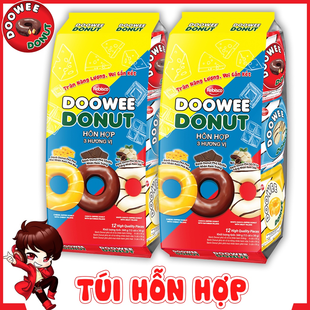 Bánh bông lan - Doowee Donut - Túi hỗn hợp 3 vị II - Combo 2 túi -  Túi 12 cái/ 360 Gram