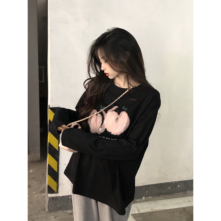 Áo thun cotton tay dài dáng rộng phong cách thời trang Hàn Quốc dành cho nữ