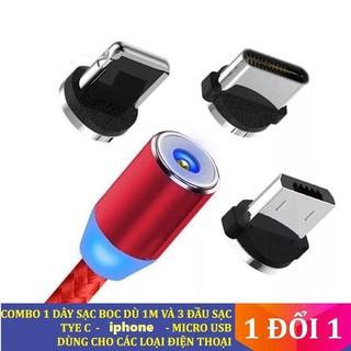 Dây Sạc Nam Châm Kèm 3 Chân sạc Lighting - Micro USB - Type-C - dây sạc nam châm công nghệ