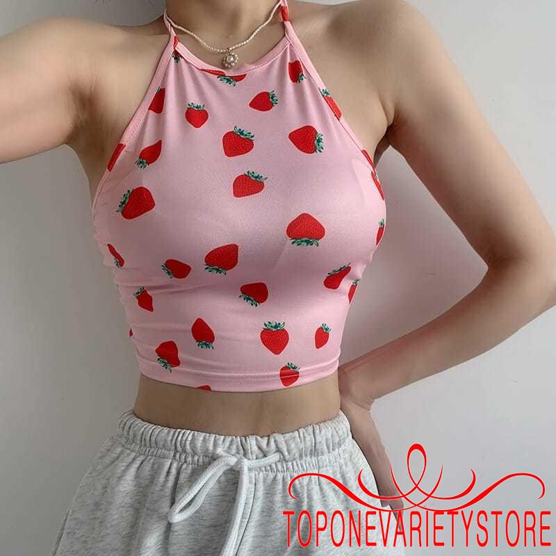 Áo Lửng Hai Dây In Họa Tiết Trái Dâu Xinh Xắn Dành Cho Nữ