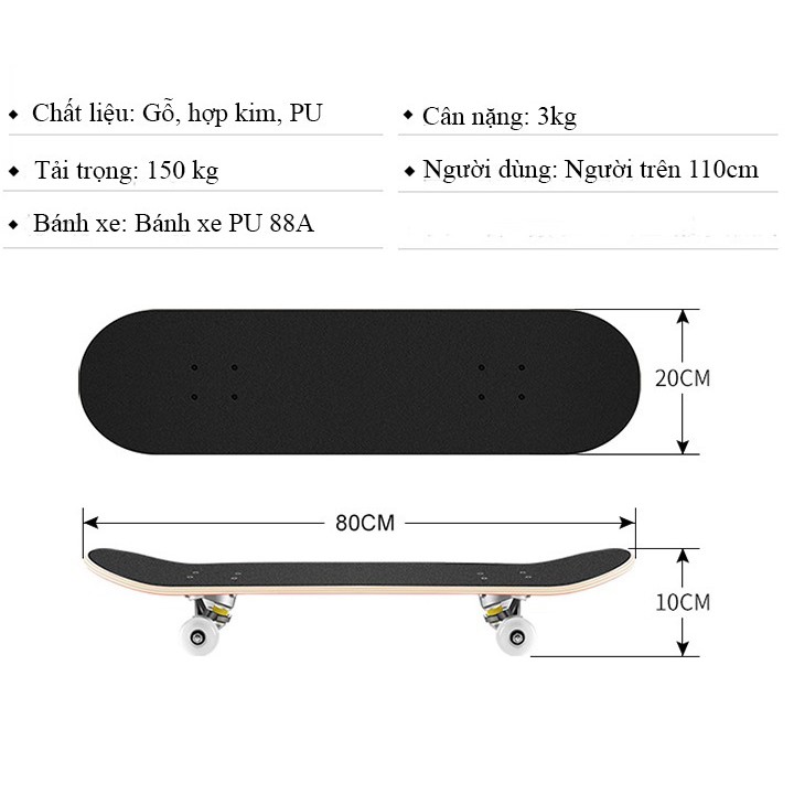 Ván Trượt Thể Thao, Skateboard Chính Hãng, Gỗ Phong Ép 7 Lớp, Mặt Nhám Chống Trơn Trượt