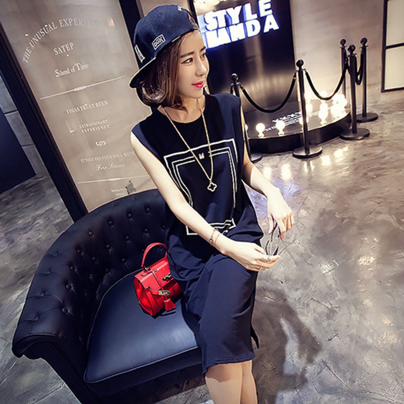 [Baywellfashion]Đầm thun không tay cổ tròn dáng rộng in họa tiết đơn giản dành cho nữ | BigBuy360 - bigbuy360.vn