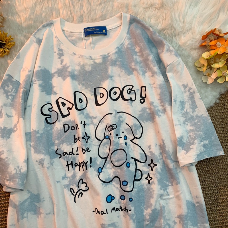 Áo thun tay lỡ Nam - Nữ from rộng cotton in hình CÚN con dễ thương màu loang, chữ SAD DOG!