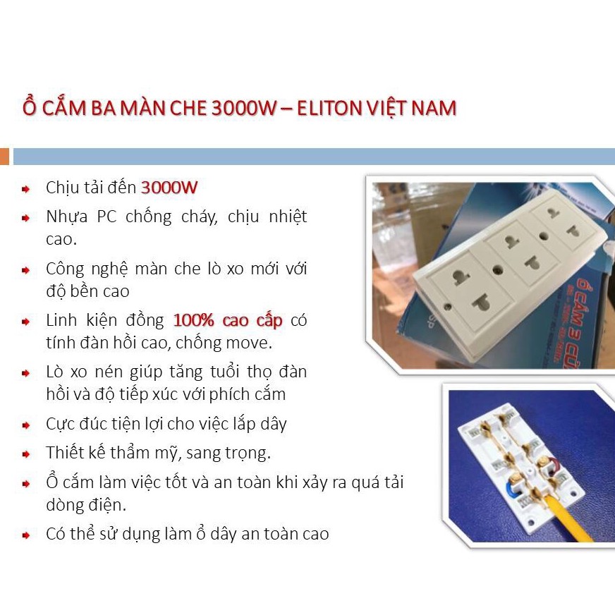 [ELITON] Ổ Cắm Điện 3 Ổ Có Màn Che Bảo Vệ CS3000w - Màu Trằng