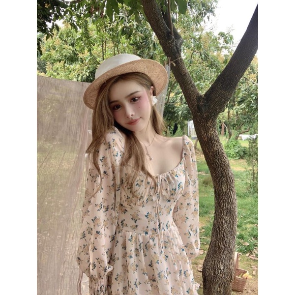 Váy hoa cổ vuông tay bèo nhún hàng Quảng châu siêu xinh