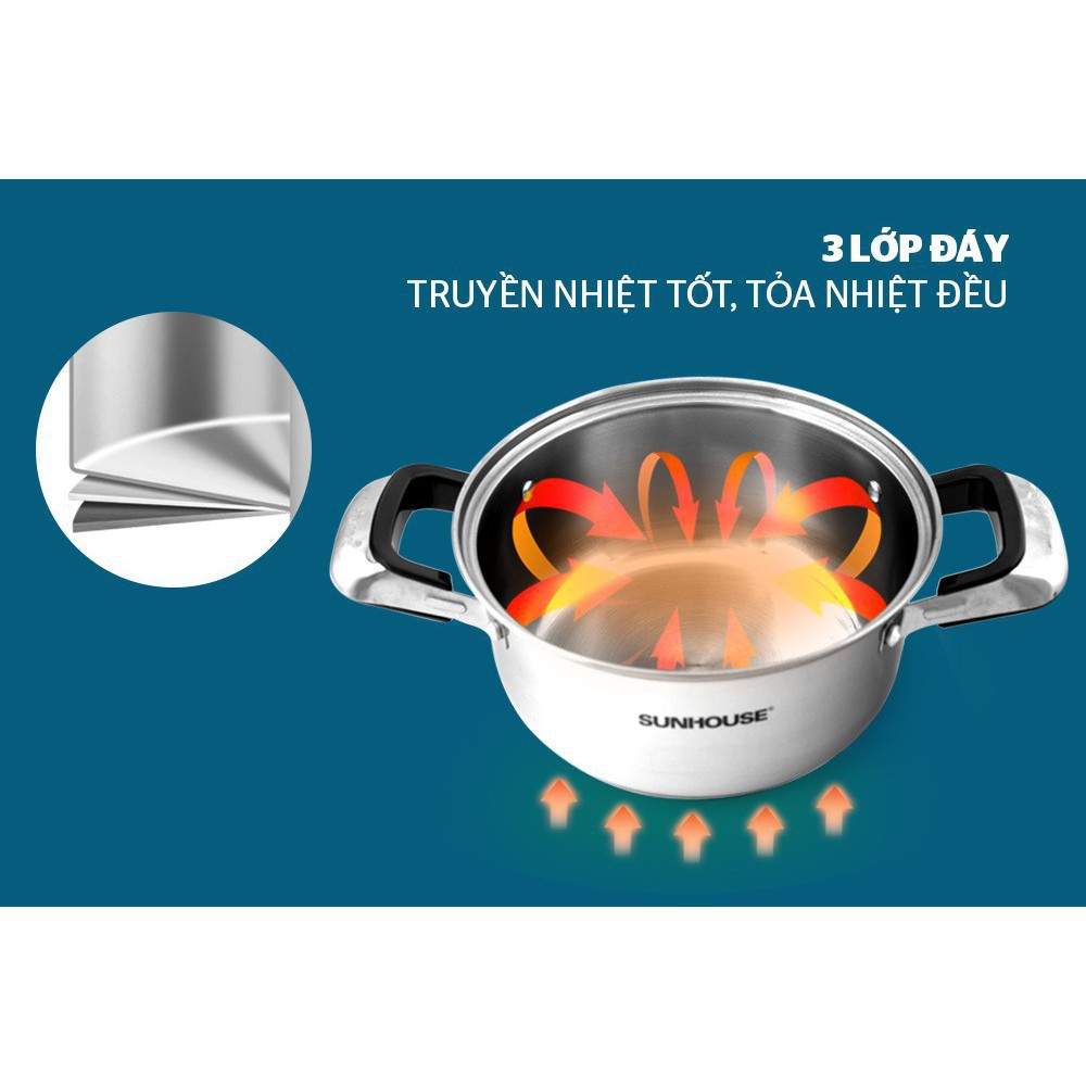 Bộ Nồi Inox 3 Đáy Sunhouse SH333 - Dùng Được Cho Bếp Từ
