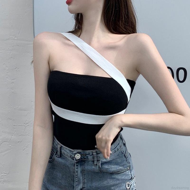 Áo croptop sát nách màu sắc tương phản thời trang nữ