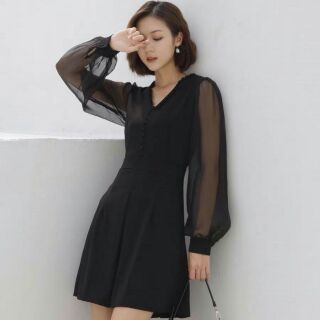 Đầm cổ tim Đen Tay Voan Phối Ren Cổ