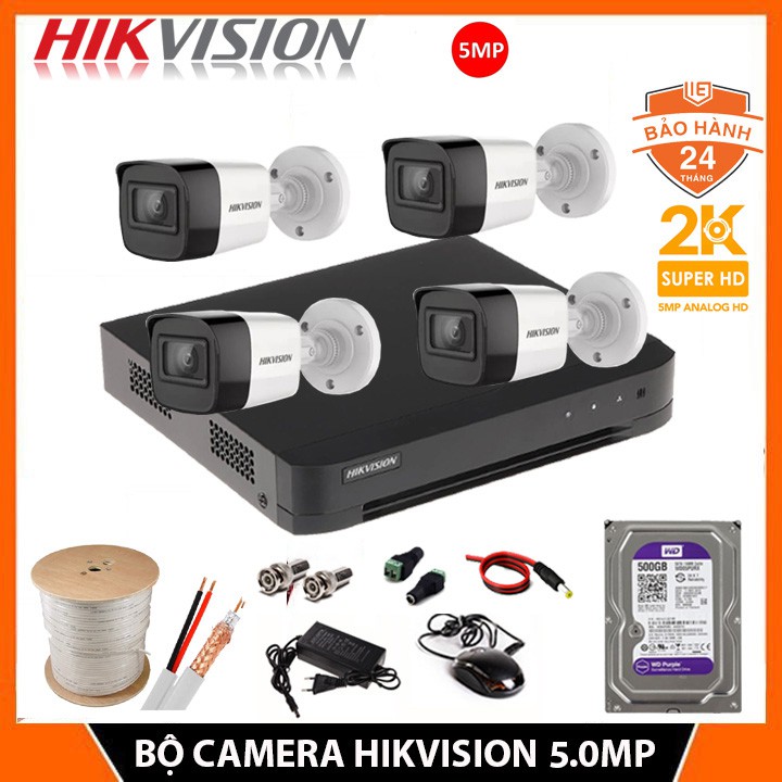 Trọn Bộ camera giám sát Hikvision 5.0MP (2K) - Đủ bộ [1/2/3/4] Camera 5.0MP, Kèm HDD, Đầy đủ phụ kiện lắp đặt