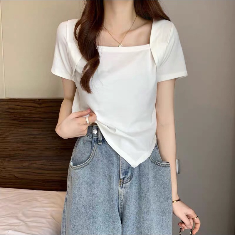 Áo croptop nữ cổ vuông tay đắp lai chéo vải thun tăm co giãn hàng đẹp Bingshop
