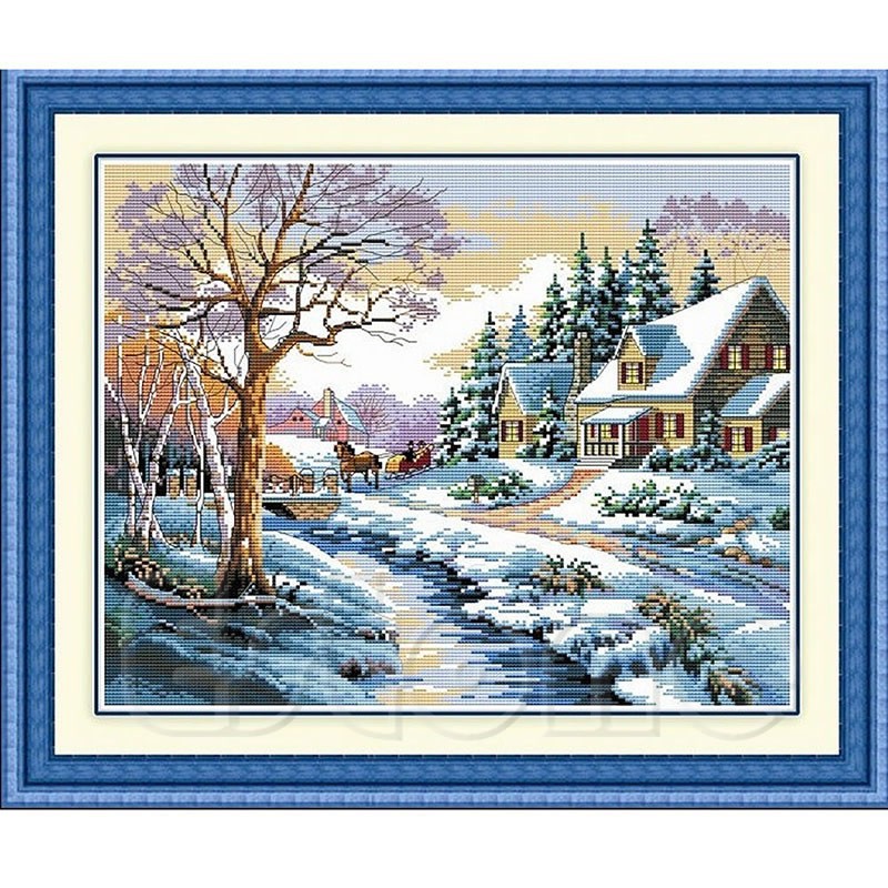 Bộ tranh thêu chữ thập từ làm hình phong cảnh mùa đông