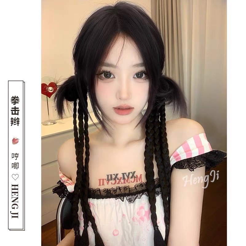Tóc giả bím tóc nữ dễ thương mô phỏng y2k hot girl boxing twist braid net đỏ với cùng một kiểu tóc đuôi ngựa đôi