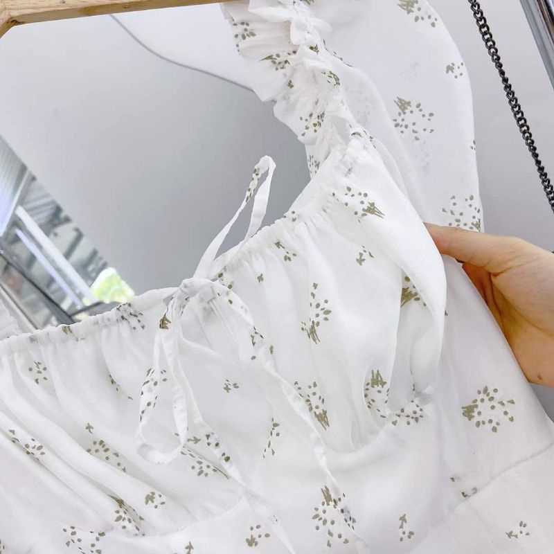 Đầm midi hoa trắng ngực xếp li DD188