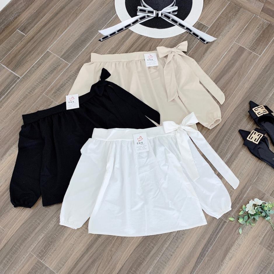 Áo trễ vai đũi Hàn tay nơ lệch vai, áo kiểu vai trễ buộc nơ lệch 1 bên phong cách Hàn Quốc - AK03 | BigBuy360 - bigbuy360.vn