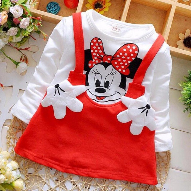 Đầm Bé Gái Tay Dài In Hình Chuột Mickey