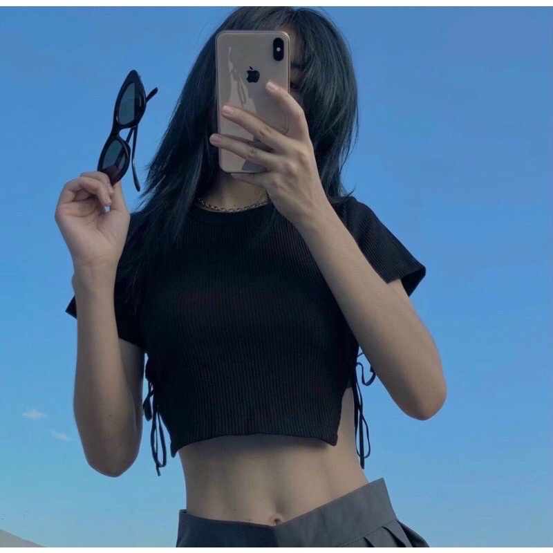 🌸ÁO CROPTOP THUN GÂN TAY NGẮN BUỘC NƠ HAI BÊN🌸