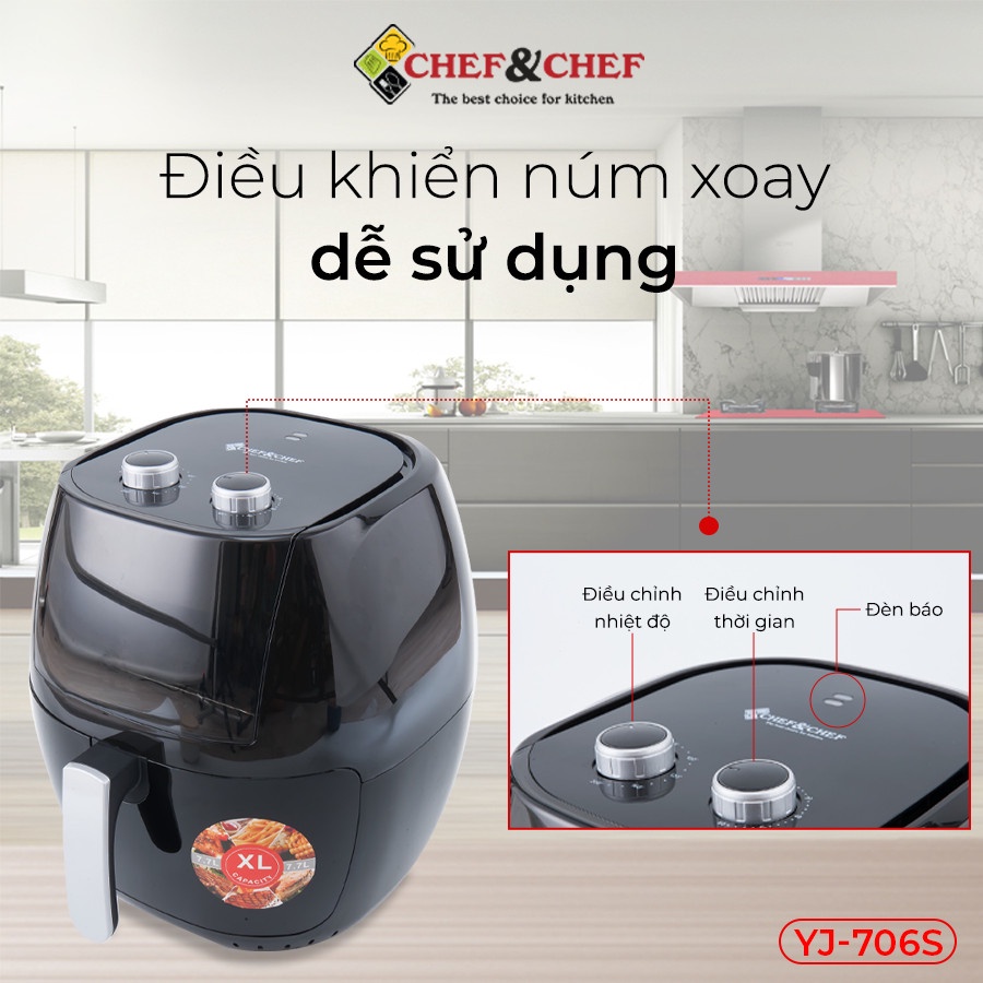 Nồi chiên không dầu CHEF&CHEF 7.7L ( YJ – 706S) nồi hoạt động êm ái, có tay đảo giúp bạn thoải mái mỗi khi sử dụng