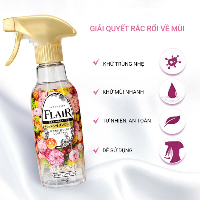 Xịt thơm và làm phằng quần áo 2 in 1 Flair 270ml, chai xịt thơm quần áo Kao chính hãng, xịt phẳng áo quần nội địa nhật