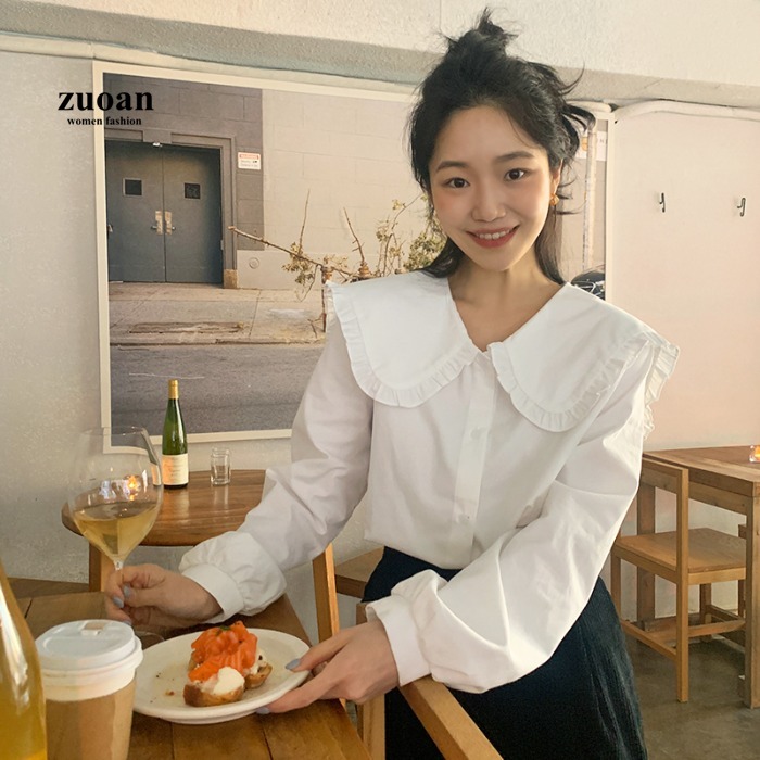 SUXI Áo Sơ Mi Trắng Cổ Bèo Dáng Rộng Phong Cách Hàn Quốc Cho Nữ