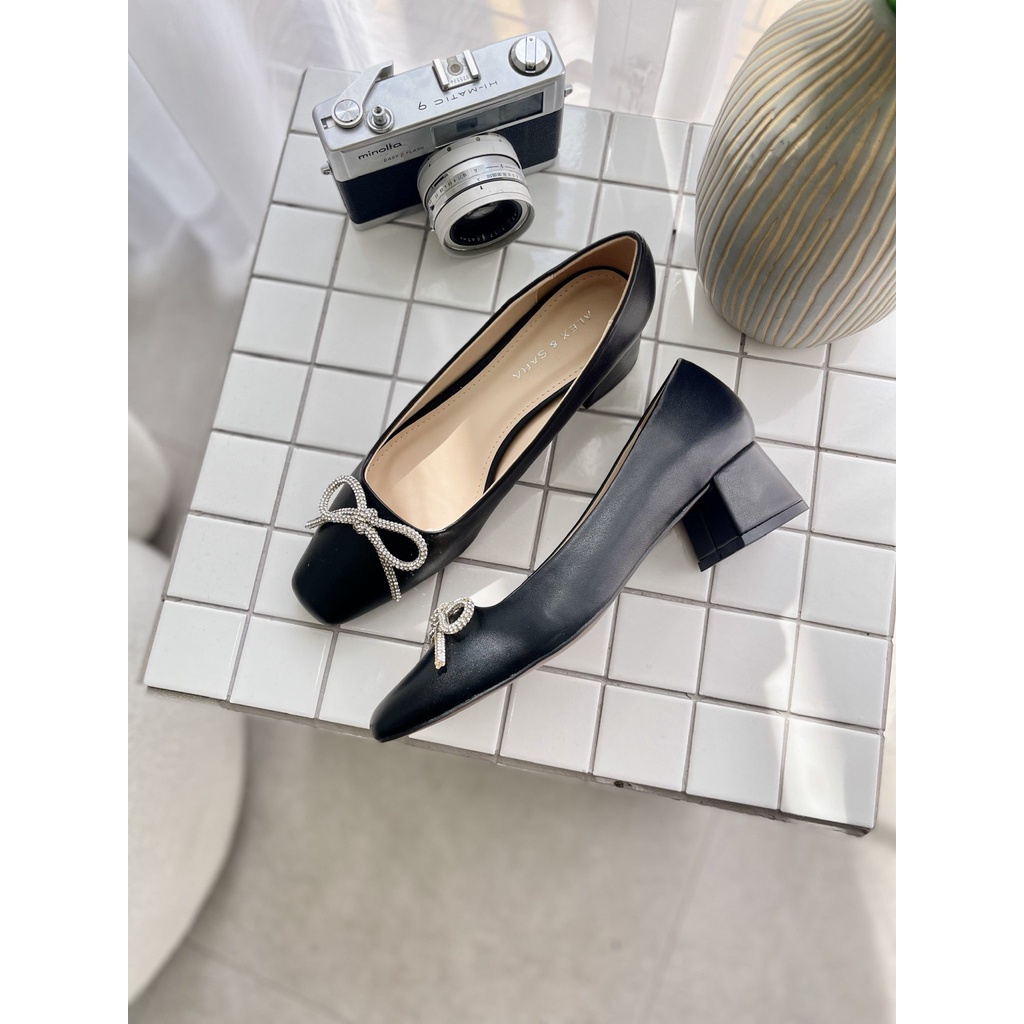 Giày Gót Vuông COLEE Mũi Vuông Nơ Đá Da Mềm Cao 4p