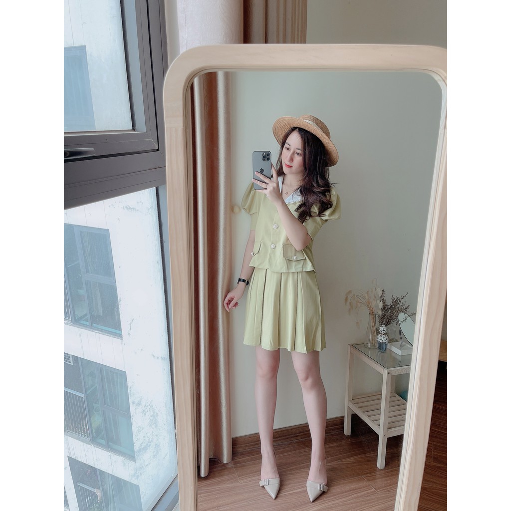 Set váy Đũi Cổ Bèo Cúc Ngọc Cao Cấp ❤️ Set áo cổ bèo mix chân váy xếp li ❤️