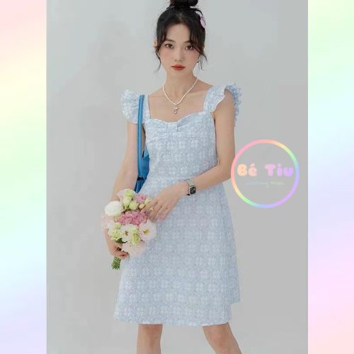 Váy Đầm Hoa Cánh Tiên Cổ Vuông Nơ Ngực Chìm Tone Pastel Nữ Tính Đáng Yêu Cho Nữ | Bé Tiu Clothing