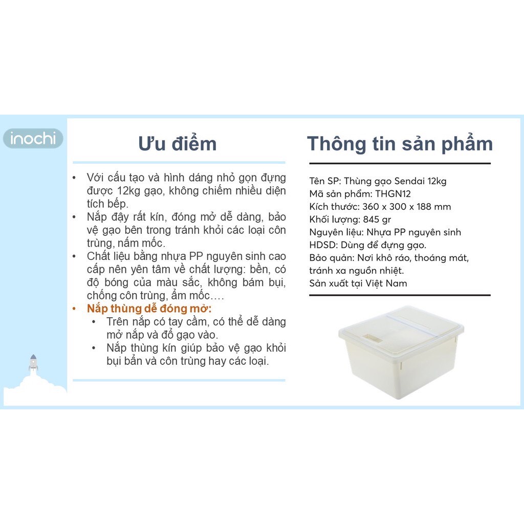 Thùng Đựng Gạo INOCHI Sendai 12 KG CAO CẤP Nắp Nhựa Kháng Khuẩn Chống Ẩm cao cấp tiêu chuẩn nhật