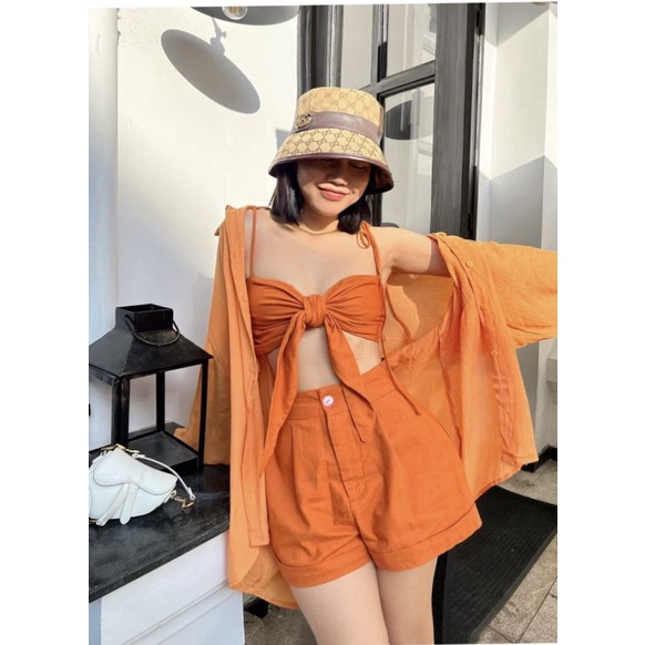 SET 3 món đi biển siêu xinh, set gồm quần đùi áo nơ kèm sơ mi | BigBuy360 - bigbuy360.vn
