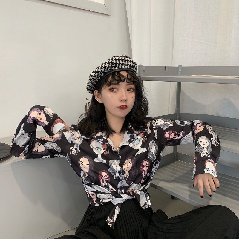 Áo sơ mi ngắn tay/dài tay in họa tiết ngộ nghĩnh phong cách retro