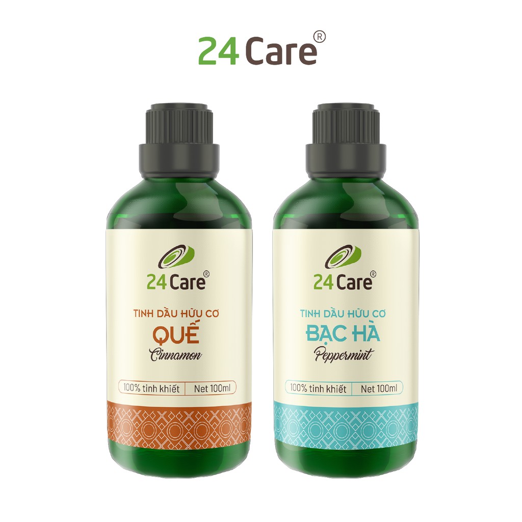 Combo 2 chai tinh dầu hữu cơ Quế + Bạc Hà 24Care -100ml/chai - xông phòng, thư giãn tinh thần