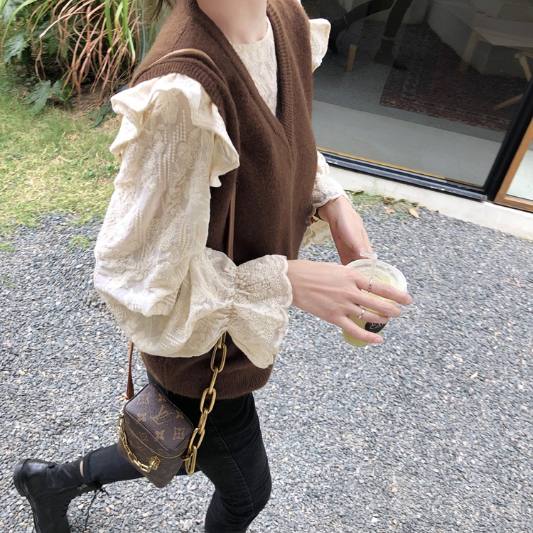 Áo sơ mi kiểu tay dài phối ren dễ thương thời trang cho nữ