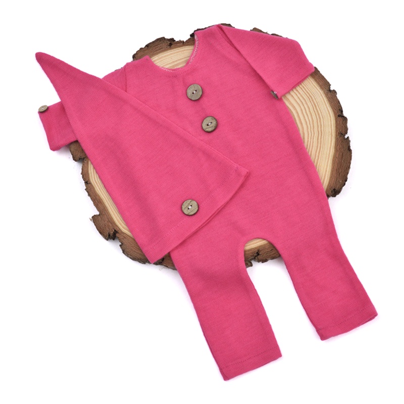 Bộ 2 Món Áo Liền Quần Màu Trơn Cài Nút + Mũ Đuôi Dài + Băng Đô Chụp