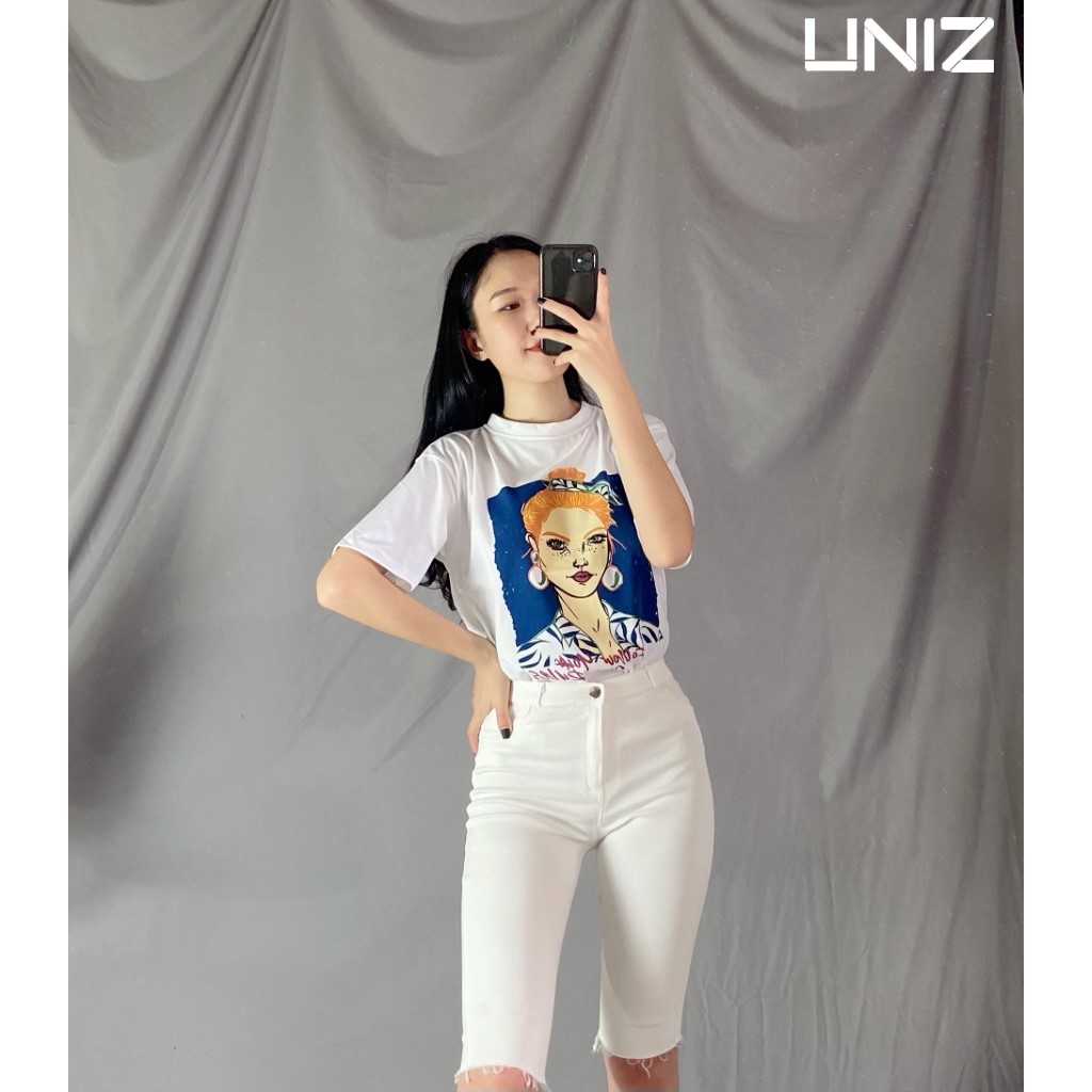 Áo Phông Nữ Hình Cô Gái UNIZ (3 Kiểu), Unisex, Dáng Dài, Cộc tay, Cổ Tròn, Form Rộng, Vải Cotton, In Hình CHỐNG BONG