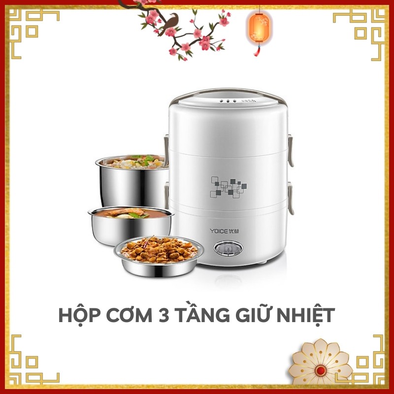 Hộp đựng cơm giữ nhiệt 3 tầng Yoice nhiều ngăn inox không gỉ, cặp lồng đựng cơm cắm điện siêu tiện dụng cho văn phòng