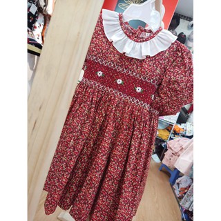 Đầm smock đỏ bản trám nâu
