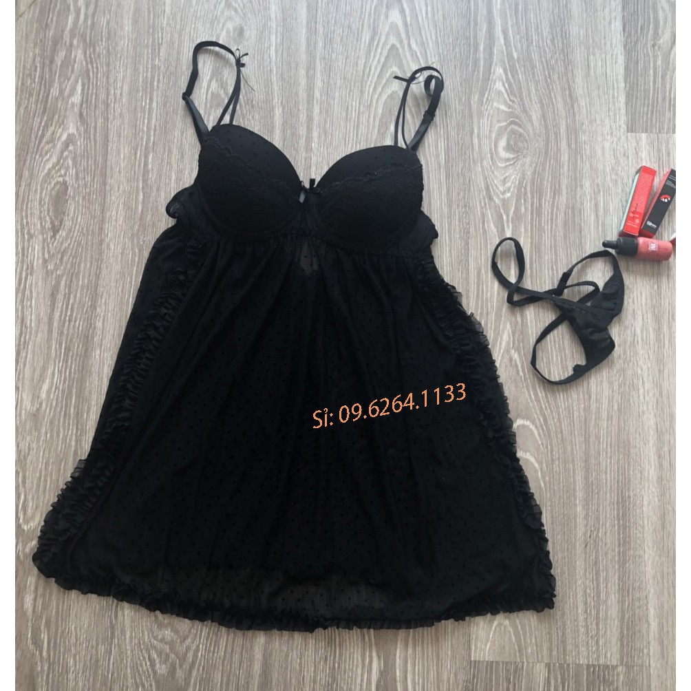 Đầm ngủ sexy nâng ngực chấm bi nhỏ, dáng xẻ vạt ( SEXY XẺ VẠT ĐỆM- ĐEN) | BigBuy360 - bigbuy360.vn