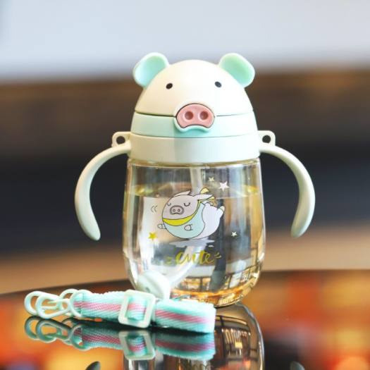 Bình tập uống chia vạch 350ML hình heo - Kèm dây đeo- Chống sặc- Mẫu ngẫu nhiên