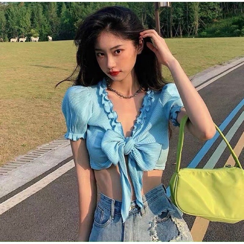 Áo thun croptop nữ viền bèo phối buộc nơ ngực xinh chất thun gân mềm mịn bánh bèo bb nơ