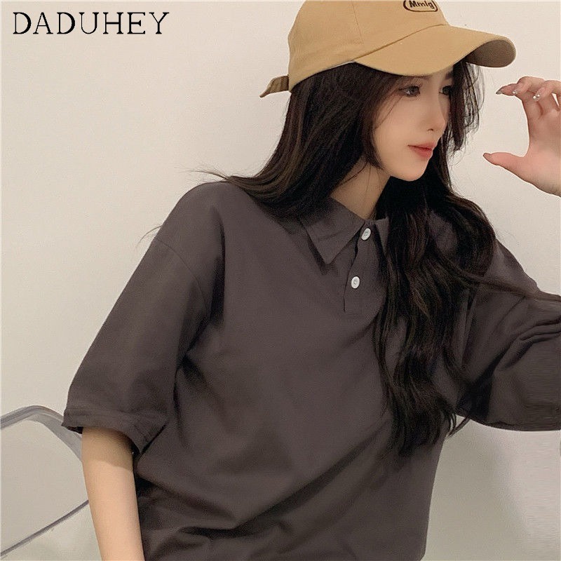 Daduhey Áo thun cổ polo tay lỡ vải cotton dễ phối đồ thời trang hè 2022 (4 màu tùy chọn) cho nữ