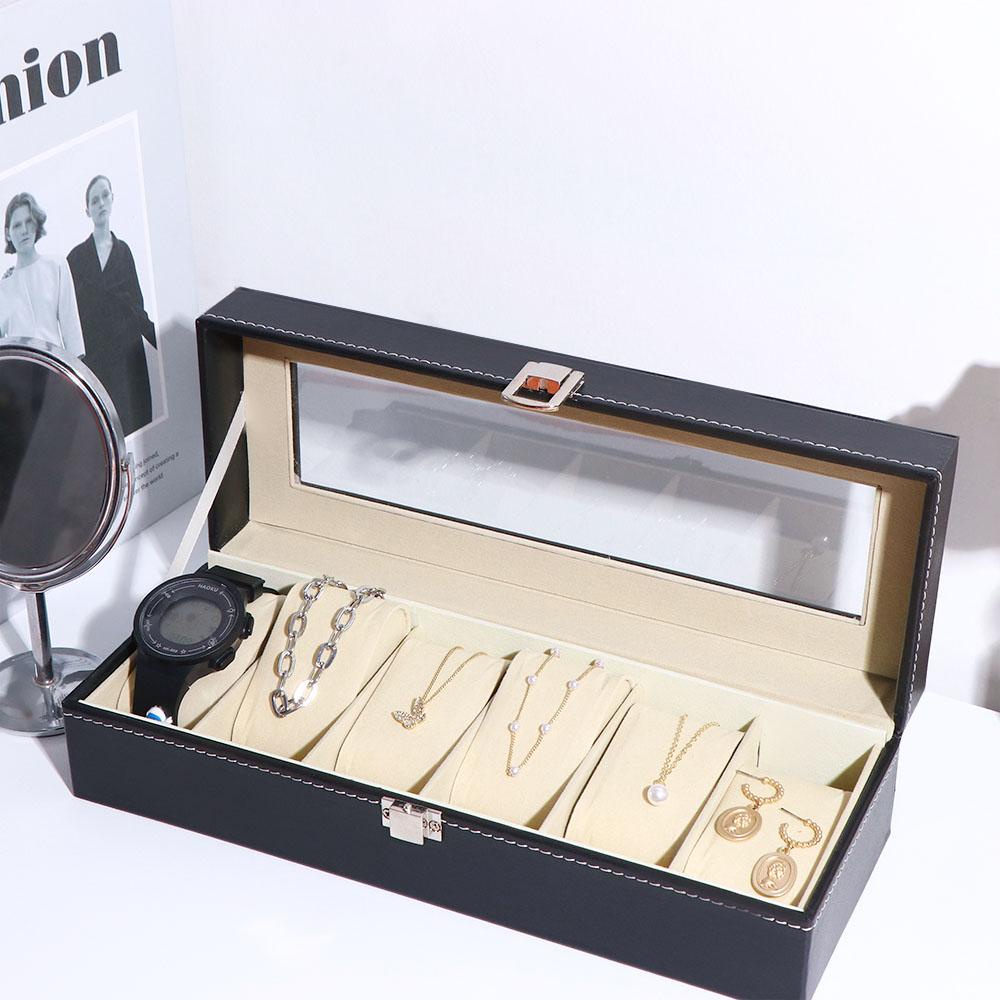 Hộp Đựng Đồng Hồ Bằng Da PU Màu Đen Hình Chữ Nhật Có Cửa Sổ Tiện Dụng Ốp