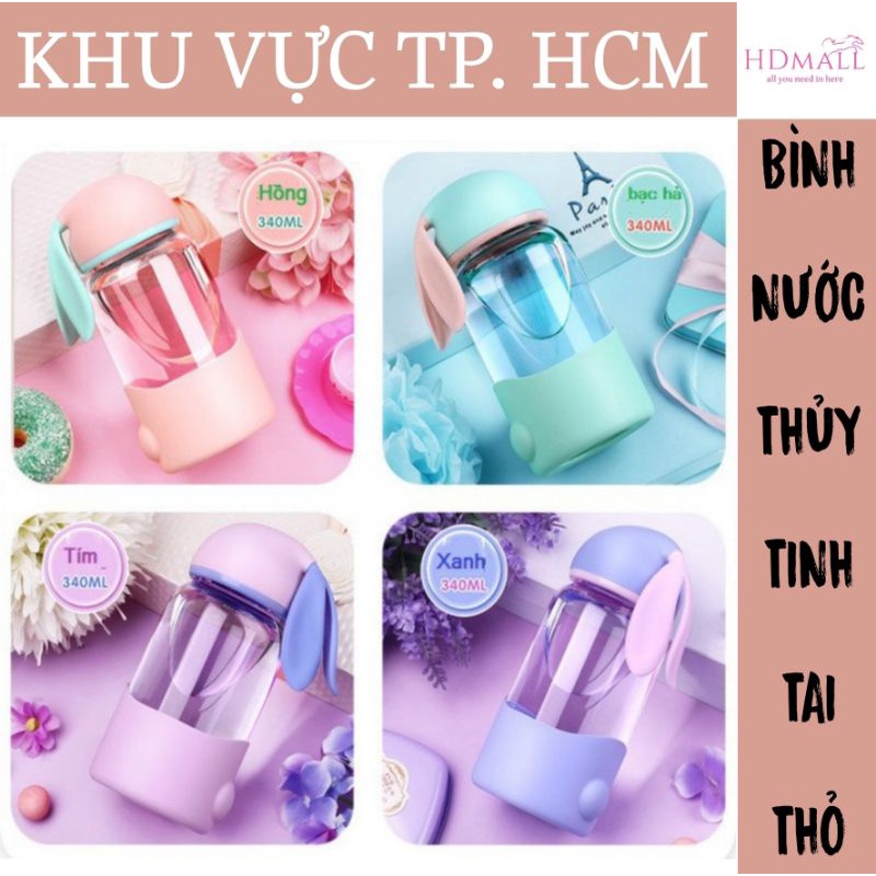 Bình Nước Thủy Tinh Tai Thỏ Siêu Đáng Yêu 350ml